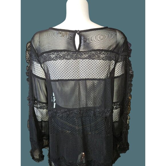 2/$35 POL Black Sheer Lace Witchy Goth Whymsical Bell Sleeve Oversized Blouse S - Picture 7 of 9